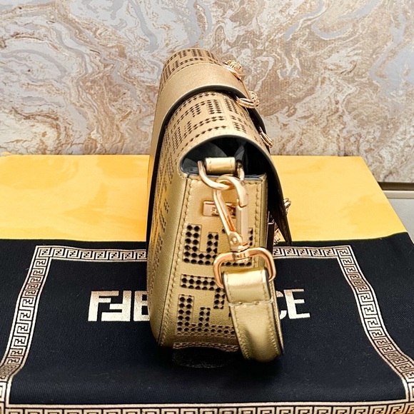 FENDI x VERSACE Fendace Logo Metallic Brooch Baguette NM Zucca Leather Mini Bag - Picture 8 of 15